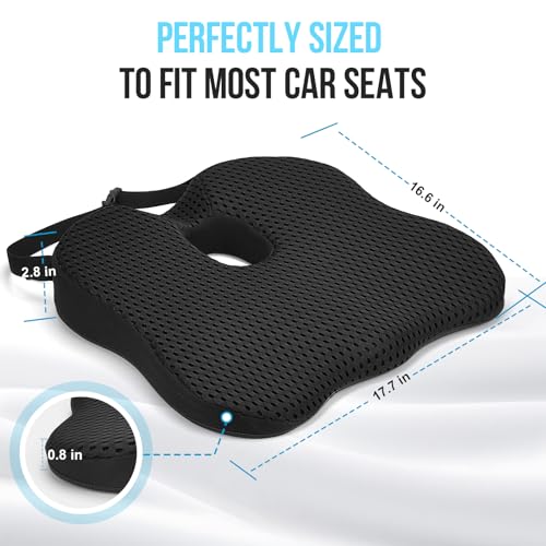 Car Seat Cushion for Driving – Ergonomic Wedge Memory Foam Booster Automotive Seat with Non-Slip Bottom & Adjustable Strap – Car Seat Pad for Car, Truck, Vehicle