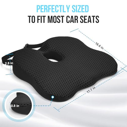 Car Seat Cushion for Driving – Ergonomic Wedge Memory Foam Booster Automotive Seat with Non-Slip Bottom & Adjustable Strap – Car Seat Pad for Car, Truck, Vehicle
