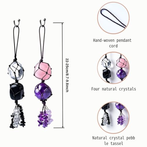 2PCS Natural Crystal Decorative Stone Car Hangings for Good Luck, Protection, Positive Energy, with Stone Chips Fringe, Car Rearview Mirrors and Home Decor Hanging Ornaments