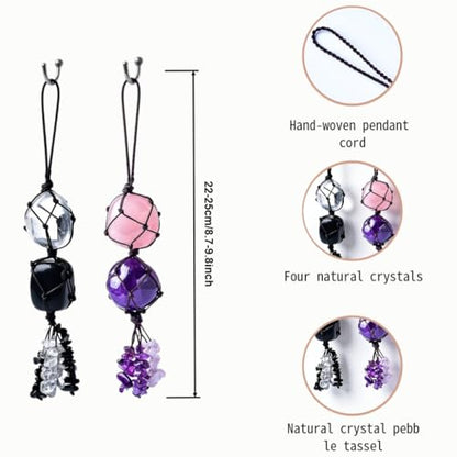 2PCS Natural Crystal Decorative Stone Car Hangings for Good Luck, Protection, Positive Energy, with Stone Chips Fringe, Car Rearview Mirrors and Home Decor Hanging Ornaments
