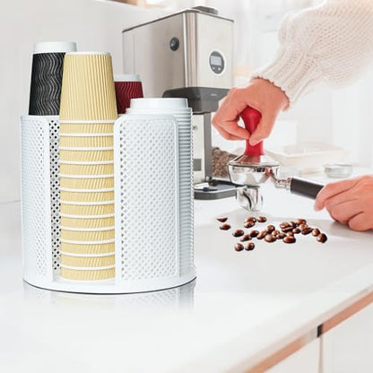 Rotating Cup Dispenser, Coffee Cup Holder with 4 Compartments, Disposable Paper Cup Organizer Fits 5 to 16 oz Cups for Kitchen Cabinets, Detachable Plastic Cup Stand & Lid Holder, White - color: White