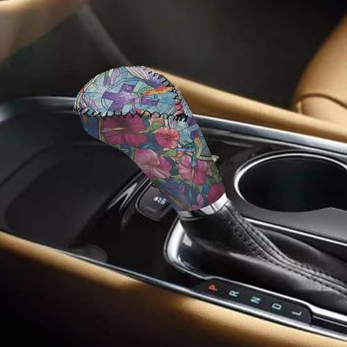 Hibiscus Hummingbird Cross Pattern 2 Pcs Car Handbrake Cover Set with Gear Shift Cover, Washable Auto Handbrake Grip Cover Stretchy Car Accessories Universal Fit for SUV Sedan Van - color: Hibiscus Hummingbird Cross