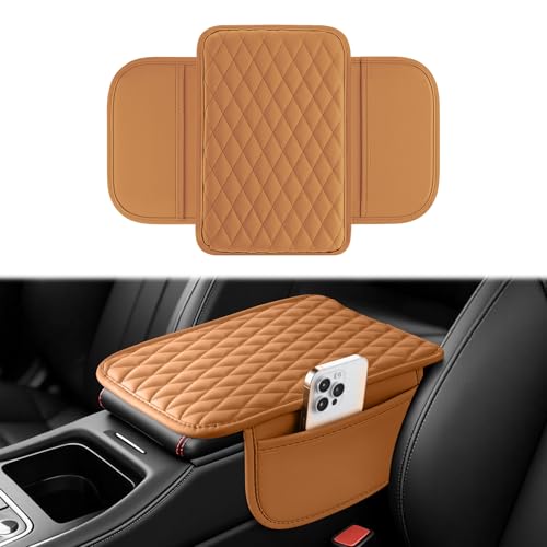 Amiss Car Center Console Cover, Upgraded Leather Car Armrest Cushion with 2 Storage Pockets, Universal Waterproof Cushion Pad, Non-Slip Car Interior Accessories, Fits Most Sedans SUVs Trucks (Orange) - color: orange, size: With Storage