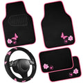 CAR PASS Embroidery Butterfly Steering Wheel Cover and Waterproof Car Floor Mats,Pink Car Mats 14.5-15inch Steering Wheel Covers Universal Fit for Cars, Suvs,Sedans,Van,for Women Girl(Black and Pink) - color: Black and Pink Butterfly