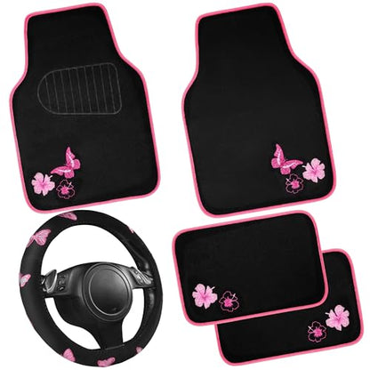 CAR PASS Embroidery Butterfly Steering Wheel Cover and Waterproof Car Floor Mats,Pink Car Mats 14.5-15inch Steering Wheel Covers Universal Fit for Cars, Suvs,Sedans,Van,for Women Girl(Black and Pink) - color: Black and Pink Butterfly