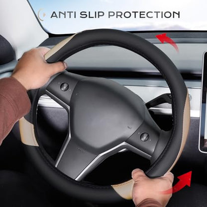 Coverado Car Steering Wheel Cover, Nappa Leather Black & Brown Steering Wheel Covers, Universal 14-15 inch, Anti-Slip, Breathable Steering Wheel Protector for Women Men - color: B-BlackBrown