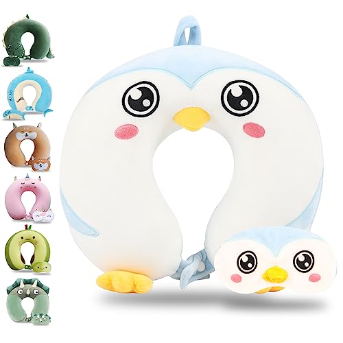 Sexysamba Cartoon Headrest & Neck Pillow for Kids Boys & Girls, Teens, Travel Accessories for Airplane, Car, Recline, Memory Foam Cute Travel Pillow with Sleep Eye Mask - Penguin - color: Penguin