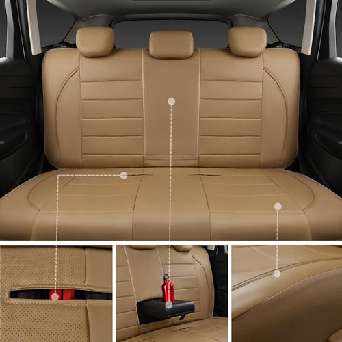 CAR PASS Piping Leather Seat Cover,Universal FIT with Composite Sponge Inside,Airbag Compatible and Reserved Opening Holes,Inside zipper for Cars,Sedan,SUV,Truck(Full Set,Beige with Tan Piping-Stripe) - color: Beige with Tan Piping-Stripe