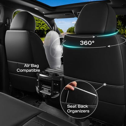 Seat Covers Custom Fit for Chevy Silverado GMC Sierra 2007-2026 1500/2500/3500 HD Crew Cab Pickup Truck Seat Cover Protector Cushion with Faux Leather Waterproof (Front Seat-Black)