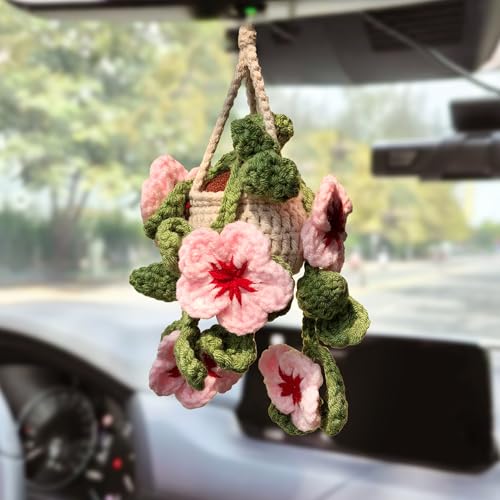 Cute Crochet Cherry Blossom Hanging Plant for Car Accessories, Aesthetic Decor Rear View Mirror Hanging Ornament for Women and Men, Handmade Cute Car Interior Decor Accessories Gift - color: Blossom