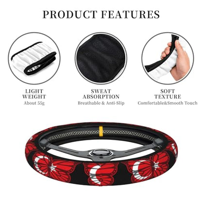 Butterfly Turkey Flag Breathable Neoprene Steering Wheel Cover - Anti-Slip Floral Design Universal Fit for Cars/Trucks/Suvs (14.5"-15" Inch) - color: Butterfly Turkey Flag