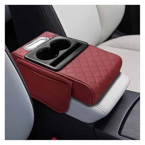 Leather Car Center Console Cover, Universal Automotive Armrest Booster Cushion, Vehicle Middle Console Organizer with 2 Cup Holders, Side Storage Bag, Tissue Box & Phone Slot(Burgundy) - color: Burgundy