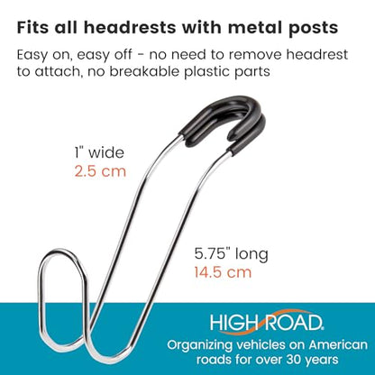 High Road Metal Car Hooks - Hard Hat Holder for Truck and Unbreakable Headrest Hooks for Car for Large Straps and Heavy Bags up to 40 lbs - Secure Attachment Loops Fit All Headrest Posts, 2-Pack