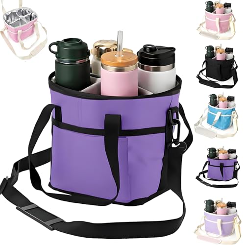 Drink Carrier Bag for 4 Cups, Insulated Drink Carrier with 4 Compartments, Portable Tumbler Holder with Adjustable Strap, Drink Caddy Tote for Coffee, Travel, Takeout & Outings (Purple) - color: Purple