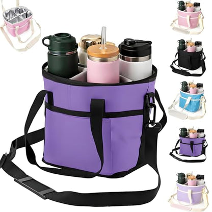 Drink Carrier Bag for 4 Cups, Insulated Drink Carrier with 4 Compartments, Portable Tumbler Holder with Adjustable Strap, Drink Caddy Tote for Coffee, Travel, Takeout & Outings (Purple) - color: Purple