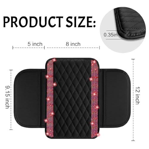 NBTEPEM Bling Car Center Console Cover, Leather Car Arm Rest Cover Cushion with 2 Storage Bags, Universal Automotive Armrest Protector Storage Box, Bling Accessories Interior for Most Vehicles (Red)
