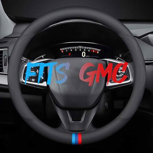 Leather Car Steering Wheel Cover, Tricolor Sporty Style, Breathable Laser-Perforated, Pure Black Double Lines, 14.5-15 Inch for GMC - color: Three-color mark - pure black, size: For GMC