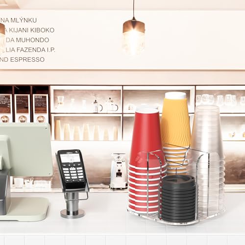 4-Compartment Countertop Cup Dispenser - Clear Acrylic Cup and Lid Carousel Coffee Bar Accessories Rotating Beverage Cup Holder Disposable Paper Cup Organizer for Restaurant Kitchen Breakroom - color: Clear