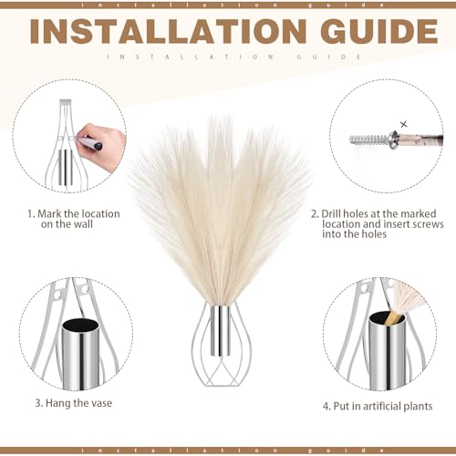 Otoolling 2 Pieces Hanging Plant Wall Decor with Artificial Pampas Grass Metal Hanging Vase Modern Geometric Farmhouse Bohemian Wall Art for Living Room Bedroom Kitchen Office (Silver, Beige)