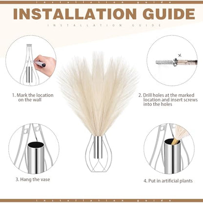 Otoolling 2 Pieces Hanging Plant Wall Decor with Artificial Pampas Grass Metal Hanging Vase Modern Geometric Farmhouse Bohemian Wall Art for Living Room Bedroom Kitchen Office (Silver, Beige)