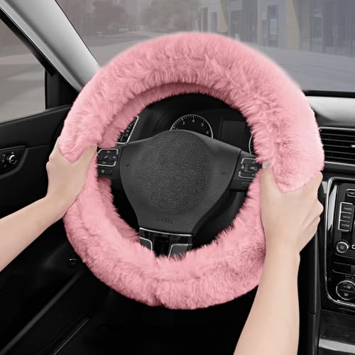 Road Comforts Steering Wheel Cover, Fluffy Car Wheel Covers for Women/Girls/Ladies，Soft Wool Fur Steering Wheel Protector, Universal 14 1/2 inches to 15 inches - Pink - color: Pink