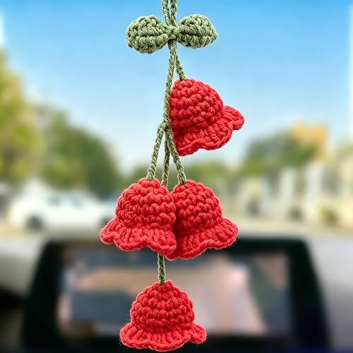 Car Mirror Hanging Accessories - Handmade Knitted Lily Flower Pendant, Cute Crochet Hanging Decor for Rearview Mirror, Women's Car Interior Decoration (1 PCS, Red) - color: Red-4