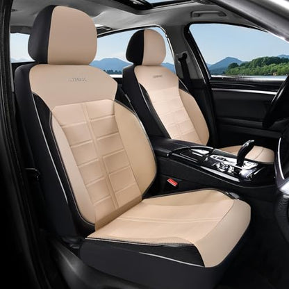 Coverado Front Seat Leather Covers, Full Leather Construction with Carbon Fibre Weave, Universal Fit for Most Cars SUV Trucks (Beige) - color: Beige, size: Front