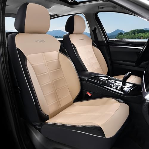 Coverado Front Seat Leather Covers, Full Leather Construction with Carbon Fibre Weave, Universal Fit for Most Cars SUV Trucks (Beige) - color: Beige, size: Front