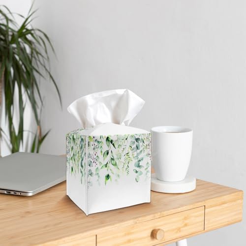 Watercolor Green Leaves Tissue Box Cover Holder, Leather Tissue Box Cover with Bottom Belt, Square Facial Paper Organizer for Tabletop, Bathroom, Kitchen, Car & Office -047 - color: Leaves