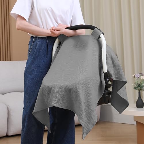 100% Muslin Cotton Car Seat Cover Baby, Carseat Canopy Cover, Universal Fit Stroller Covers for Boys and Girls (Grey) - color: grey