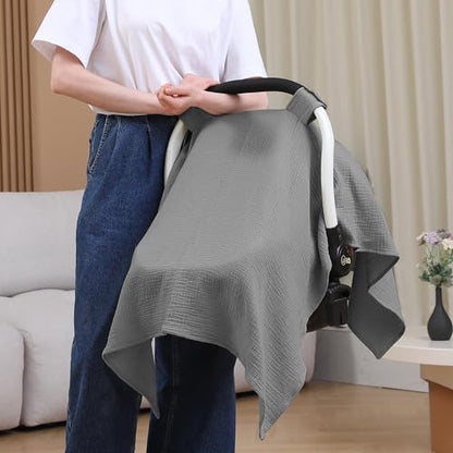 100% Muslin Cotton Car Seat Cover Baby, Carseat Canopy Cover, Universal Fit Stroller Covers for Boys and Girls (Grey) - color: grey