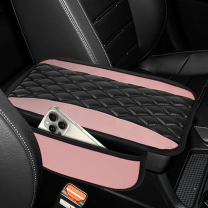 wuyaoyao Car Center Console Cover, 12.2"×7.5" Waterproof Leather Auto Armrest Cover Protector with Side Pockets, Stylish Comfortable Vehicle Arm Rest Box Cushion Pad, Car Accessories (Pink) - color: Pink