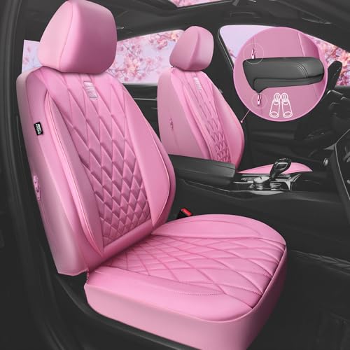 CAR PASS 5 Seats Piping Luxury Leather Seat Covers Full Set, Anti-Slip Waterproof Seat Covers Compatible with Front Armrests, Universal Fit for Suvs,Vans,Trucks,Airbag Compatible, Pure Pink - color: Pink, size: Full Set
