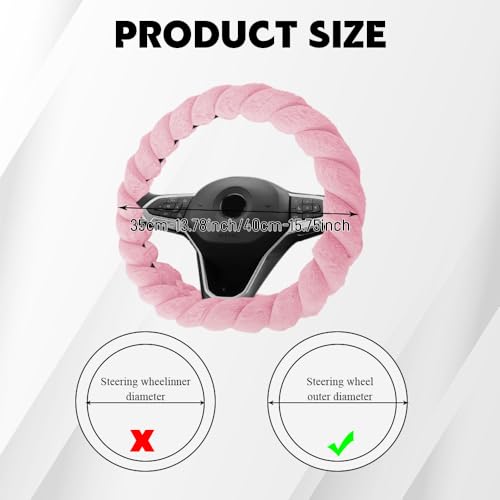Luxury Fluffy Winter Car Steering Wheel Cover for Women, Steering Wheel Protector, 15" Fluffy Soft Breathable Warm Non-Slip Decoration, Twisted Fur Car Cover for Vehicles (Pink, D-Shape)