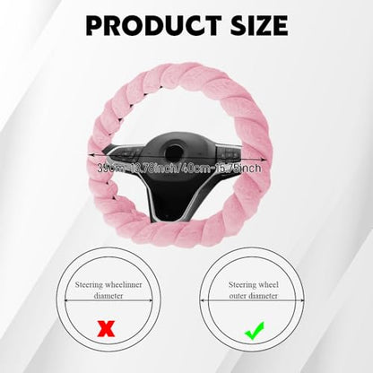 Luxury Fluffy Winter Car Steering Wheel Cover for Women, Steering Wheel Protector, 15" Fluffy Soft Breathable Warm Non-Slip Decoration, Twisted Fur Car Cover for Vehicles (Pink, D-Shape)