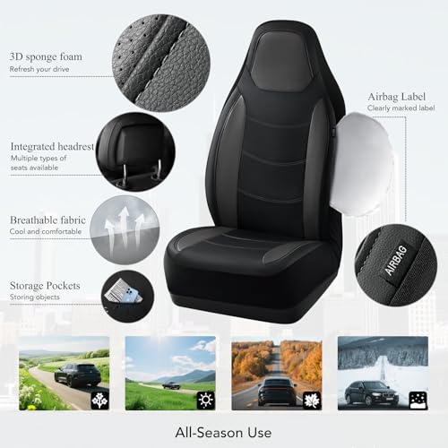 Road Comforts Car Seat Cover, Leather Car Seat Covers, Automotive High Back Front Car Seat Covers, Airbag Compatible, Universal Fit for Most Cars (Black)