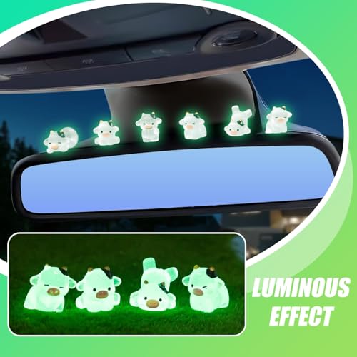6Pcs Cute Luminous Cow Car Dashboard Decor Set- Cars Rearview Mirror/Dashboard/Touchscreen Top Funny Adorable Auto Rear View Mini Cows Ornament (Clear White)
