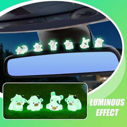 6Pcs Cute Luminous Cow Car Dashboard Decor Set- Cars Rearview Mirror/Dashboard/Touchscreen Top Funny Adorable Auto Rear View Mini Cows Ornament (Clear White)
