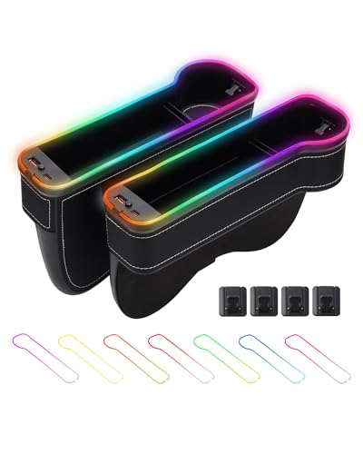 Shademax LED Car Seat Gap Filler Organizer Console Side Storage Box Between Seats with Cup Holders RGB Color Changing Storage Front Seat Gap Filler with USB Charging Car Interior Accessories (2 Pack) - color: B-Black
