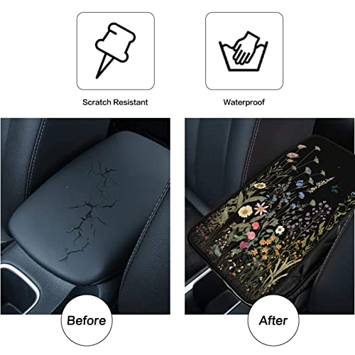 Car Armrest Cover Pads Universal Fashion Cute Auto Center Console Armrest Cover Pad with 2PCS Car Coasters Soft Waterproof Car Armrest Seat Protector for Women Girls, Wildflowers