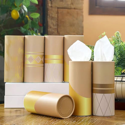 12 Pack Car Tissue Cylinder Holder Bulk with 3 Ply Facial Tissues, Round Napkin Holders for Car Cup Holder Cylinder Travel Paper Tubes Bulk Round Napkin Boxes Packs(Modern Gold Line) - style: Modern Gold Line