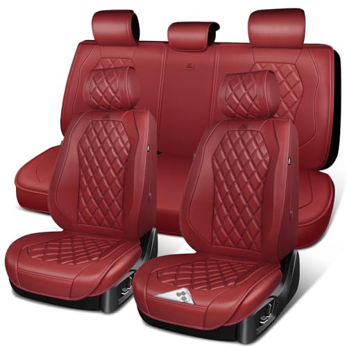 CAR PASS Luxury Nappa Leather Seat Covers Full Set, 3D Rhombus Waterproof Faux Leather Seat Covers, Premium Automotive Seat Cushion Universal Fit for Sedan SUV Truck Van,Airbag Compatible Burgundy Red - color: burgundy red