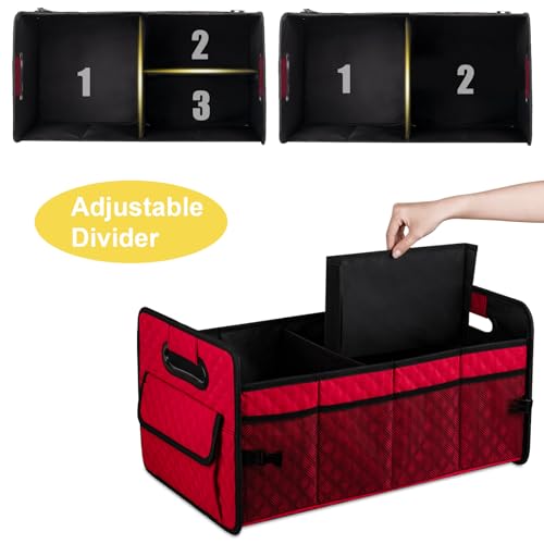Car Trunk Organizers and Storage for SUV, Collapsible Multi Compartment Container Box Adjustable Car Accessories for Women Men, Red