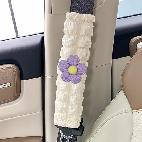 Car Seat Belt Cover Pad, 2 Pack Flower Car Accessorie Seatbelt Covers Cushion Neck Shoulder Strap Protector Universal Seat Belt Cover for Adults and Kids (Purple and Yellow) - color: Purple and Yellow