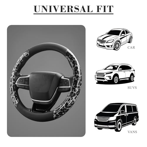 KAFEEK Black Leopard Cheetah Steering Wheel Cover, Universal 15 Inch, Anti-Slip PU Leather Car Steering Wheel Protector for Men Women, Fit for Cars, Auto, SUVs