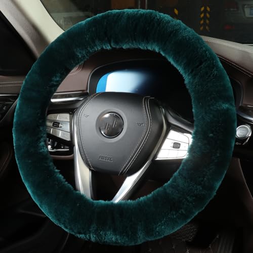 Soft Fluffy Sheepskin Car Steering Wheel Cover for Universal Auto Vehicle Women Man 14 1/2 inch-15 1/2inch Fuzzy Accessories (Alpine Green) - color: Alpine Green