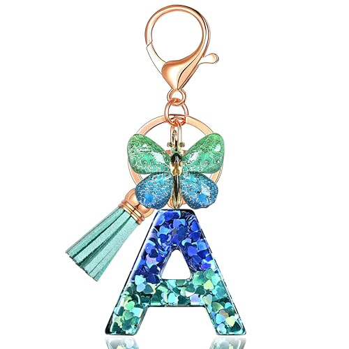 JINGUAZI Initial letter Keychains for Women Tassel Butterfly Pink Purple Cute Car Keychain for Wallet Backpack bag charm - color: A-blue Green