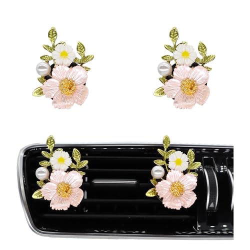 ORIESSE Flower Car Vent Clips 2pcs Pink Daisy Bouquets Flowers Air Freshener Girly Car Decorations Interior Aesthetics for Women Refillable Car Diffuser