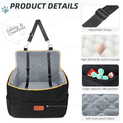 HEGGCOOE Small Dog Car Seat, Memory Foam Dog Booster Seats with Thick Cushion for Medium Dogs Under 35lbs, Detachable Washable Pet Car Seat Bed with Storage Pockets,2 Safety Belts - color: Black/gray