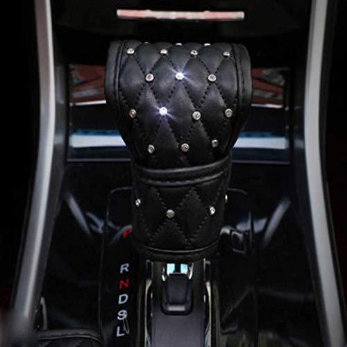Black Leather Gear Shift Knob Cover with Bling Bling Crystal Rhinestones for Women or Girls Universal Fit (Gear Shift Stick Protector) - color: Gear Shift Stick Protector
